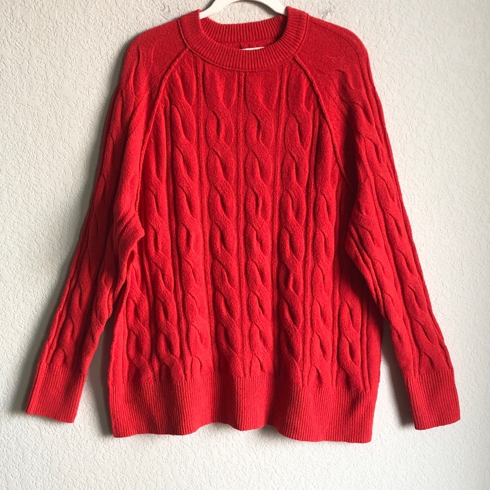 Aerie Unreal Cable Crewneck Sweater Oversized Red Medium Fuzzy